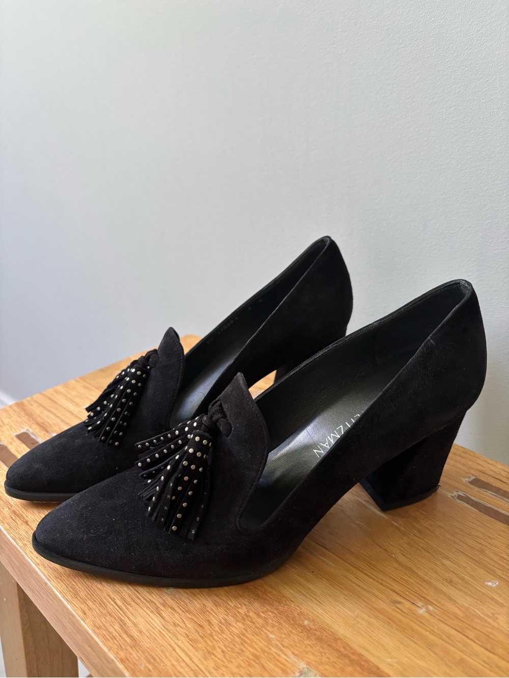 Stuart Weitzman Black Suede Tassel Block Heels